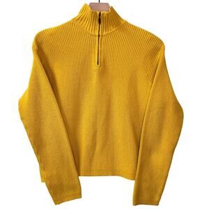 Quarter Zip Ribbed Sweater Women's M Cotton Mock Neck Crop Butter Yellow Preppy